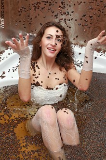 #138 - Coffee Wetlook by Cute Girl in Lace Dress, Evening Gloves and Fishnet Stockings in Bath