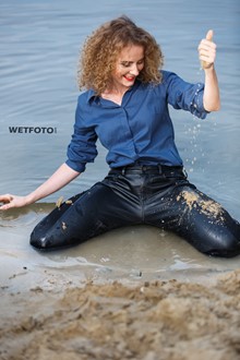#372 - Hot Wetlook by Curly Girl in Leather Pants, Shirt and High Heels on Lake
