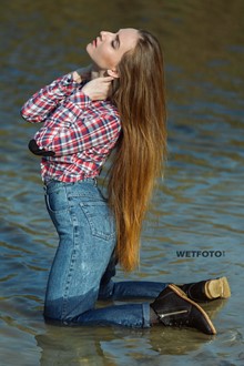 #383 - Swimming by Beautiful Girl in Soaking Wet Blue Jeans and Shoes on Lake