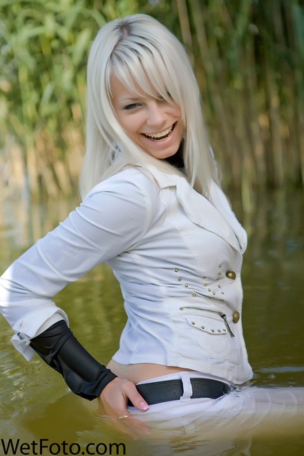 wet girl get wet wet hair swim fully clothed jacket jeans blouse shoes lake