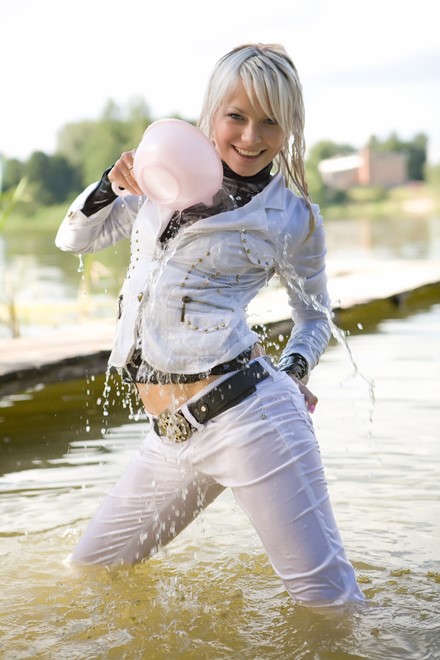 wet girl get wet wet hair swim fully clothed jacket jeans blouse shoes lake