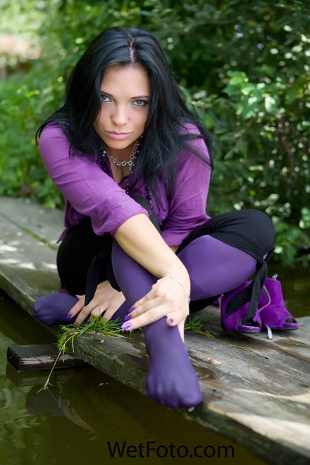 wet girl get wet wet hair swim fully clothed blouse leggings stockings high heels pool river