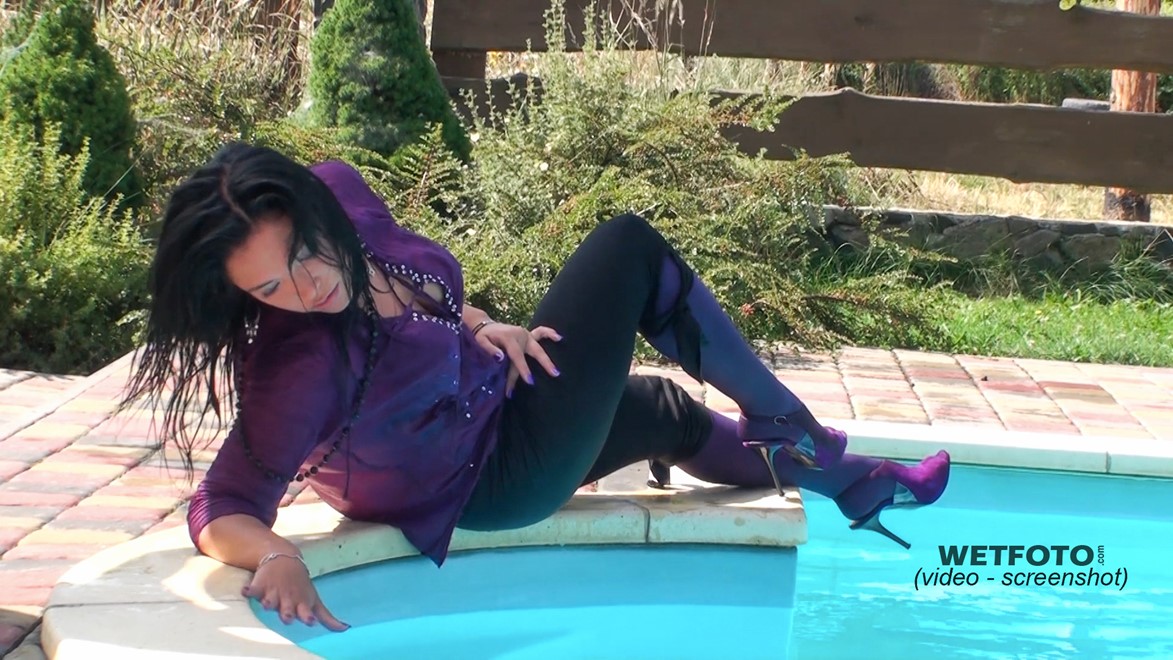 wet girl get wet wet hair swim fully clothed blouse leggings stockings high heels pool river