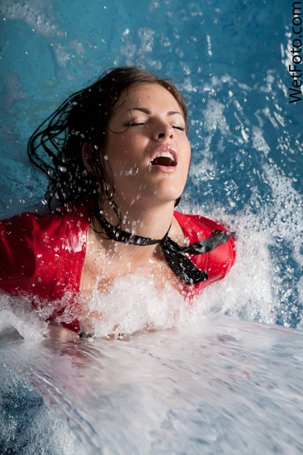 wet girl get wet wet hair fully clothed blouse jeans shoes pool