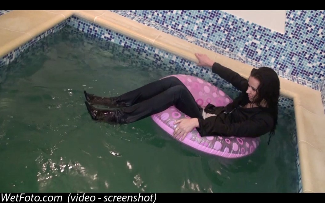 brunette wet girl get wet fully clothed t-shirt jacket jeans high-heeled shoes wet hair pool
