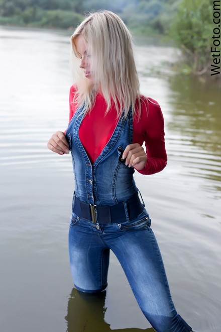 wet girl get wet wet hair swim fully clothed denim jumpsuit sweater socks shoes lake