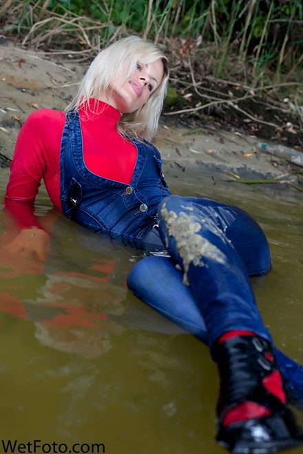 wet girl get wet wet hair swim fully clothed denim jumpsuit sweater socks shoes lake