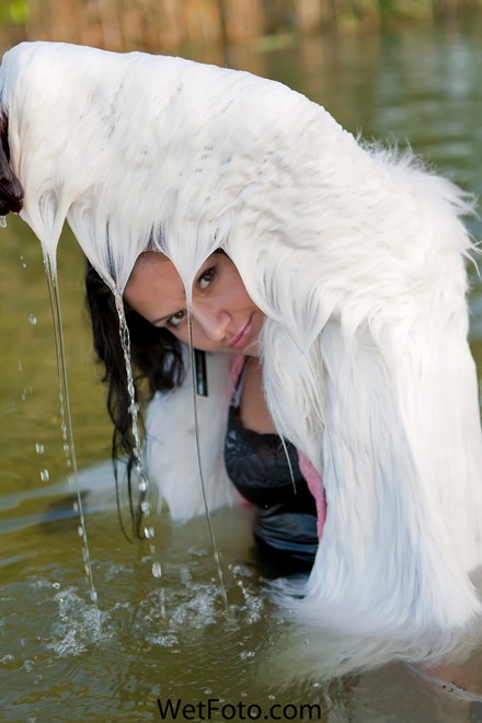 wet girl get wet wet hair swim fully clothed fur coat tight jeans t-shirt scarf shoes lake
