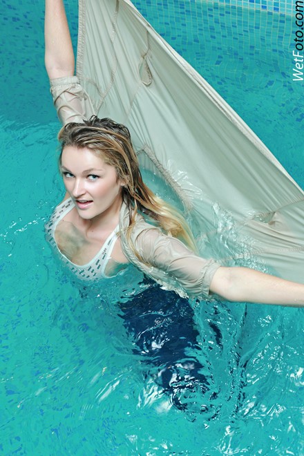 wet girl get wet wet hair swim fully clothed jacket jeans t-shirt shoes pool
