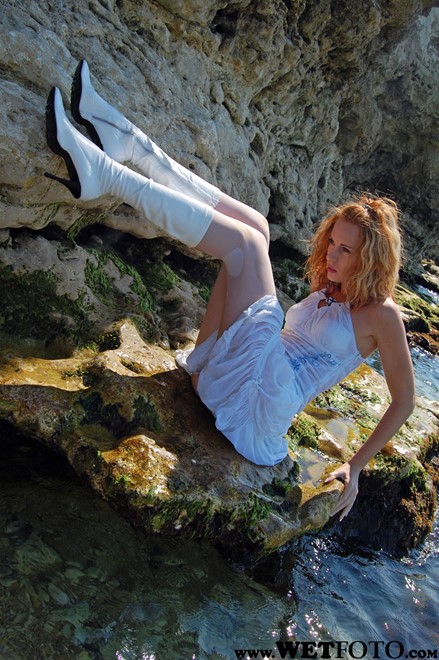 wet girl wet hair get wet swim fully clothed sundress tights leather high-heeled shoes  fully soaked sea