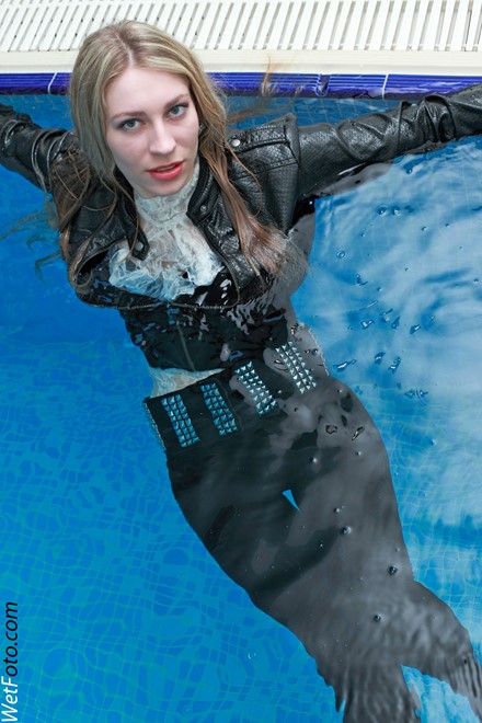 wet girl get wet wet hair swim fully clothed leather jacket guipure blouse leggings shoes pool