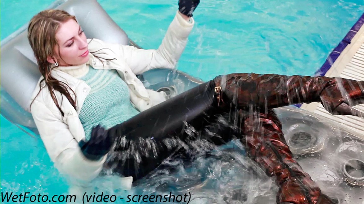 wet girl get wet swim fully clothed wet hair jacket tight jeans sweater boots high heels pool