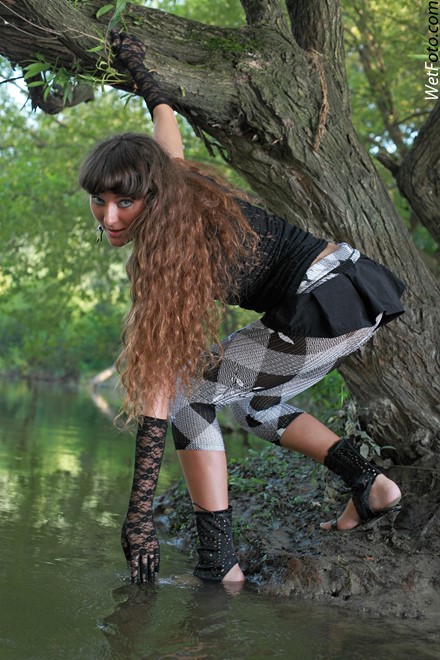 wet girl get wet wet hair swim fully clothed blouse skirt leggings high heels shoes evening gloves lake