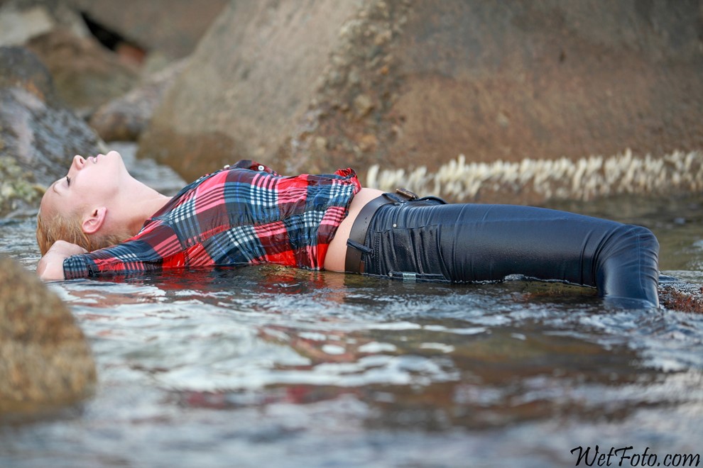 wet girl get wet wet hair fully clothed tight jeans shirt sea