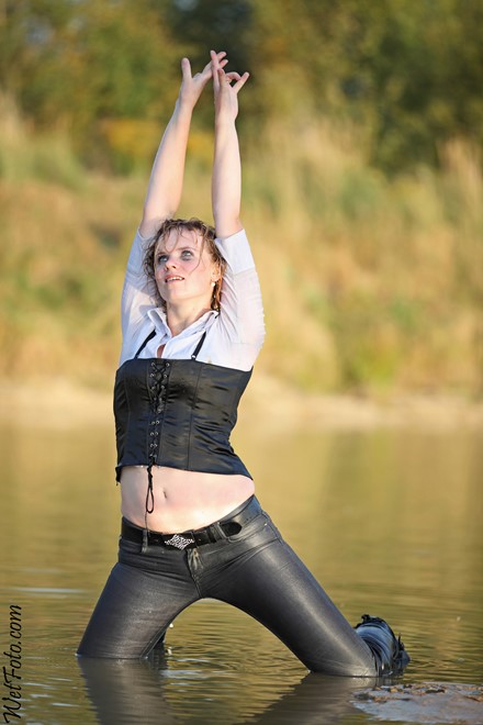 wet girl get wet wet hair fully clothed jeans denim jacket tights high heels bath
