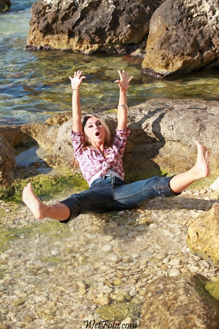 wet girl get wet wet hair swim fully clothed jeans shirt sea