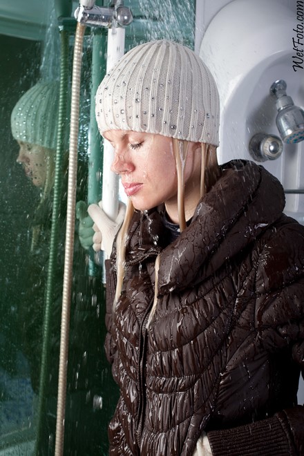 wet girl get wet wet hair jacket leggings hat gloves boots blouse shower