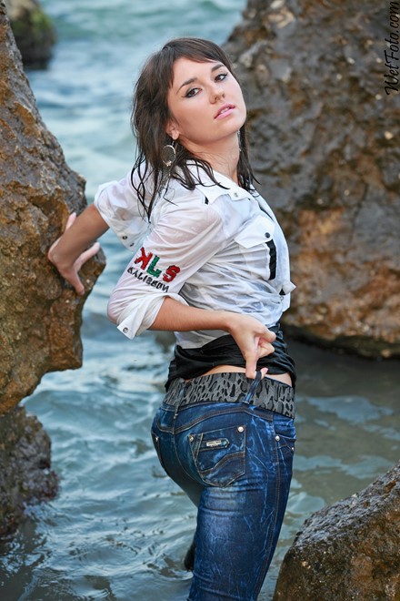 wet girl get wet wet hair swim fully clothed leather jacket jeans t-shirt patent leather high heels boots sea