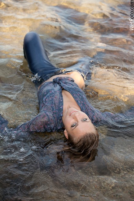 wet girl get wet wet hair swim fully clothed tight jeans shirt high heels sea