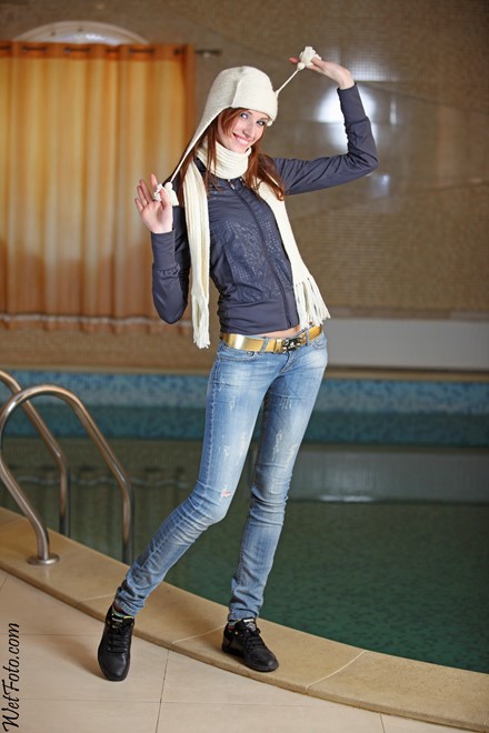 wet girl get wet wet hair swim fully clothed jacket tight jeans hat scarf gloves socks shoes pool