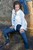 wet girl get wet wet hair swim fully clothed tight jeans jacket denim high heel sandals sea