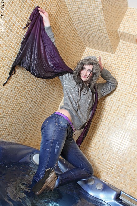 wet girl get wet wet hair swim fully clothed tight jeans jacket scarf gloves hat sneakers pool