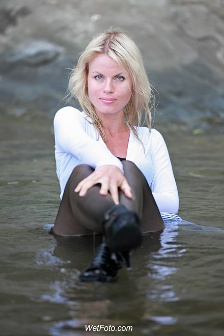 wet girl get wet wet hair swim fully clothed bolero tights high heels