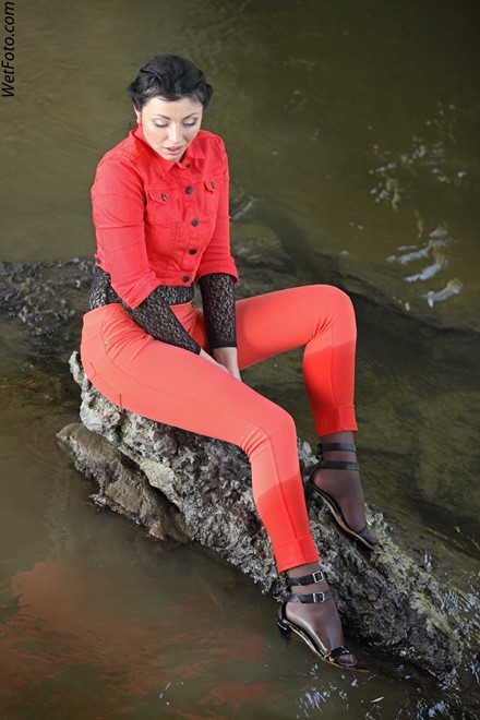 wet girl get wet swim fully clothed wet hair jacket blouse tight pants tights high heels lake