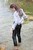wet girl get wet wet hair soaking wet jacket golf leather pants high heels lake