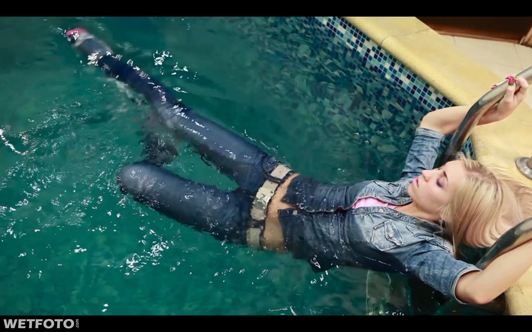wet girl get wet wet hair fully clothed jacket denim jeans t-shirt tights shoes high heels jacuzzi