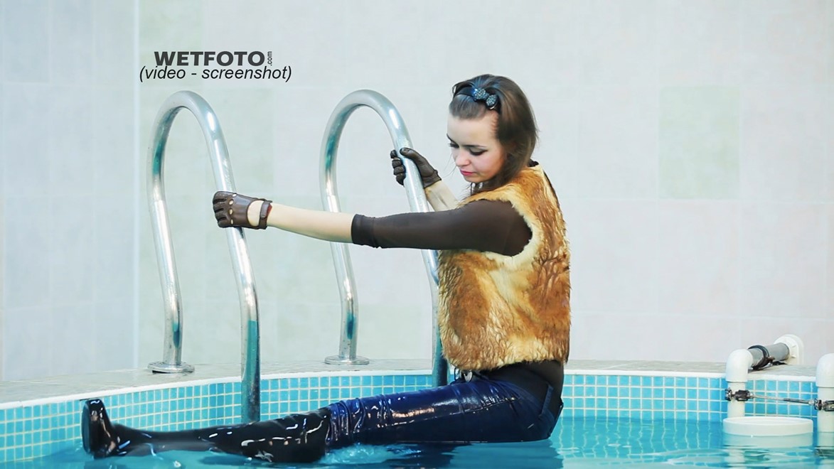 wet girl get wet wet hair swim fully clothed fur vest bodysuit jeans blouse gloves boots heels jacuzzi