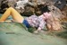 wet girl wet hair get wet swimming fully clothed blouse  denim shorts stockings shoes high heels sea
