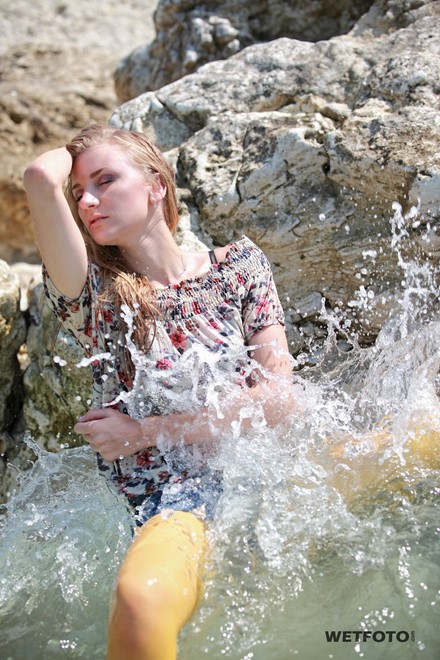 wet girl wet hair get wet swimming fully clothed blouse  denim shorts stockings shoes high heels sea