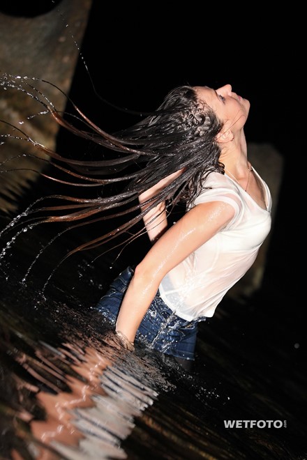 wet girl get wet wet hair t-shirt boleros denim skirt leggings