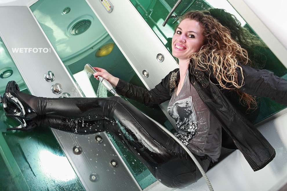 wet woman wet hair get wet swimming fully clothed jacket t-shirt leggings tights shoes high heels shower