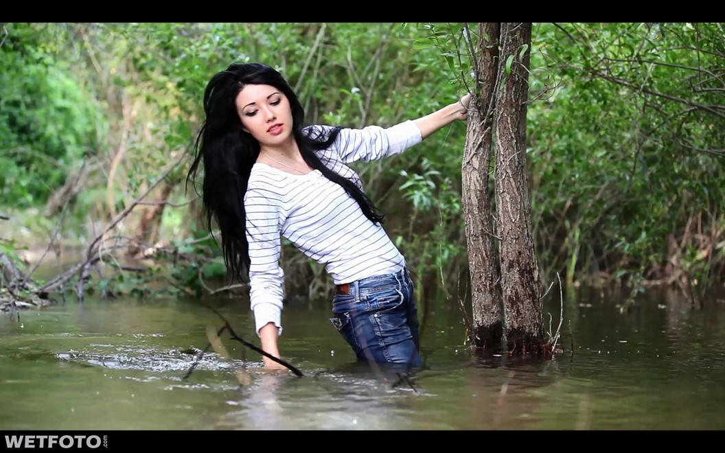wet girl brunette wet hair get wet swimming fully clothed tight jeans sweater tights shoes high heels river