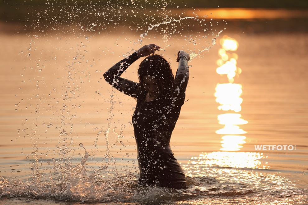 wet girl brunette wet hair get wet swimming fully clothed tight dress stockings heels lake