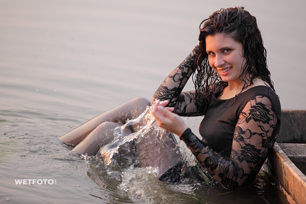 wet girl brunette wet hair get wet swimming fully clothed tight dress stockings heels lake