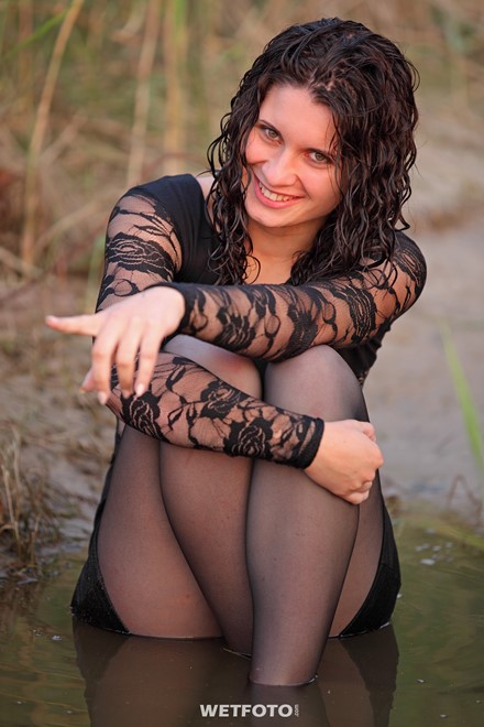 wet girl brunette wet hair get wet swimming fully clothed tight dress stockings heels lake