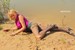 wet girl get wet blouse denim shorts tights high heels swim fully clothed lake