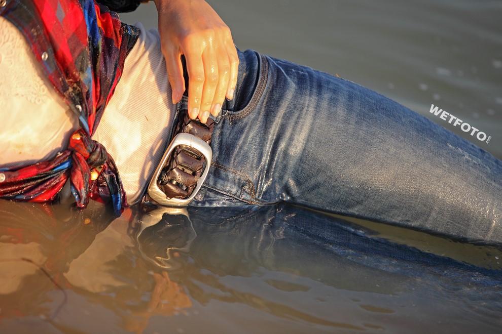 wet girl get wet wet hair swim fully clothed jeans shirt sneakers lake