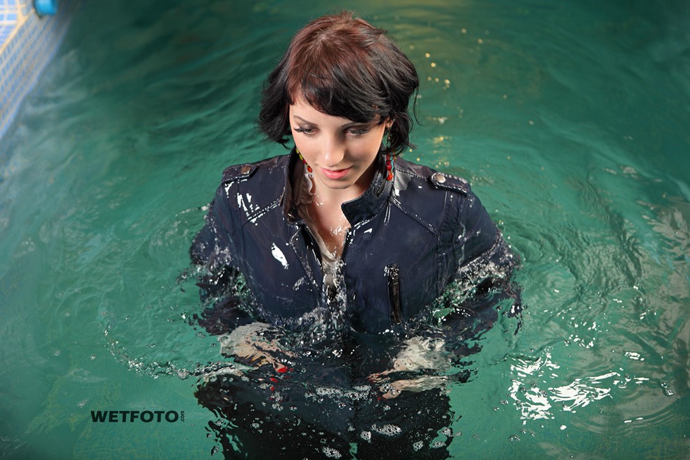 wet girl get wet wet hair leather jacket leggings high heels pool