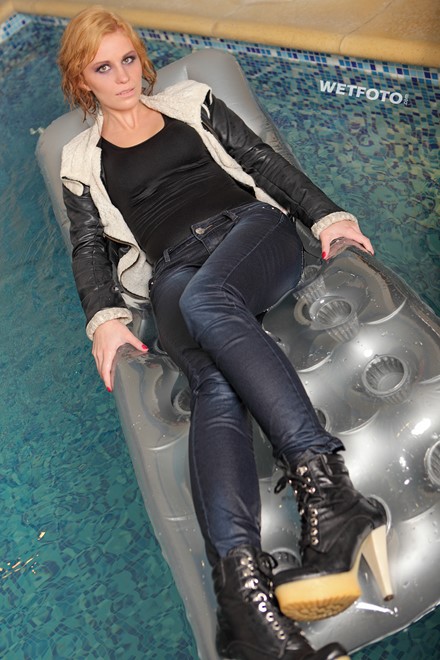 wet girl get wet wet hair swim fully clothed leather jacket tight jeans gloves high heels boots pool shower