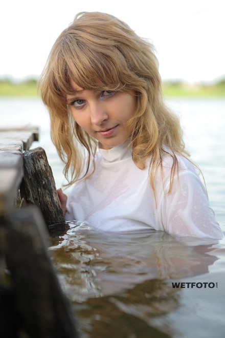 wet girl get wet wet hair swim fully clothed golf jeans sandals lake