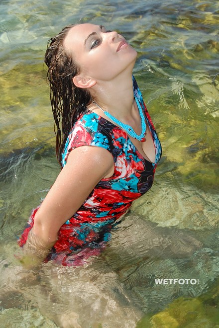 wet girl get wet wet hair swim fully clothed sundress high heels sandals sea