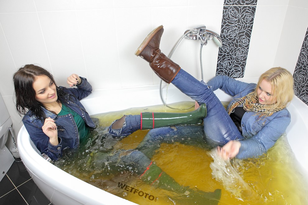 wet girl get wet jacket denim jeans blouse scarf boots clothes bath shower