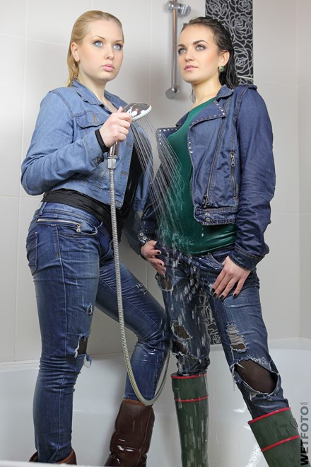 wet girl get wet jacket denim jeans blouse scarf boots clothes bath shower