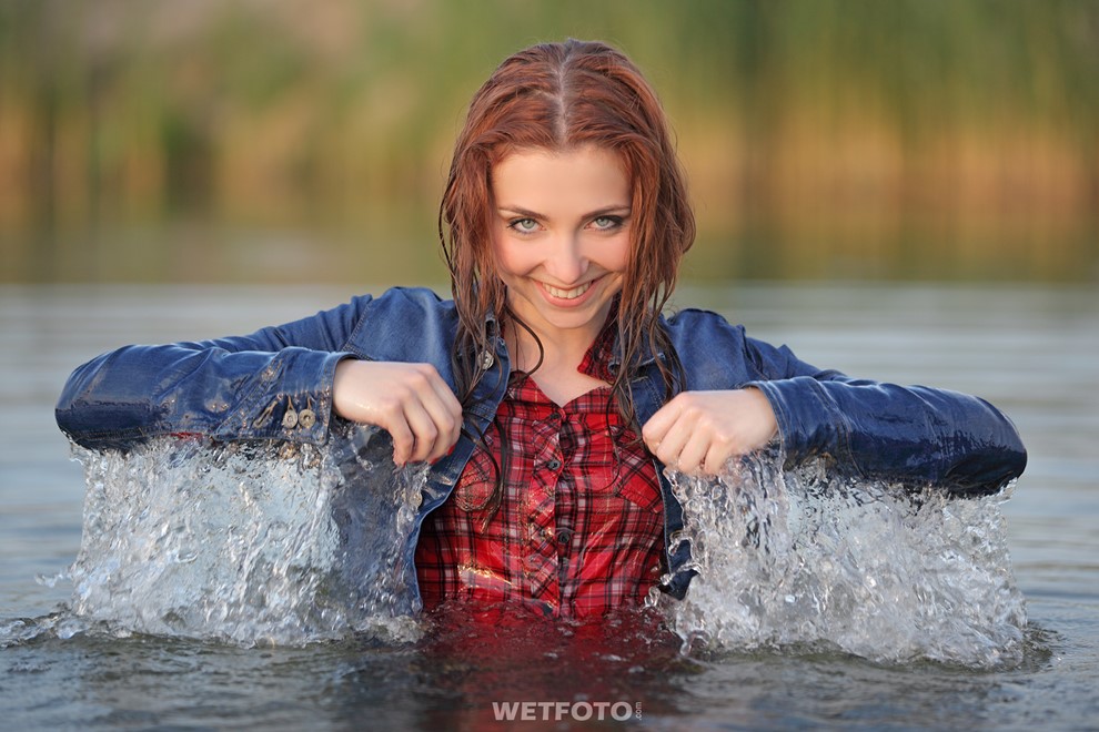wet girl get wet wet hair swim fully clothed jacket right jeans sneakers