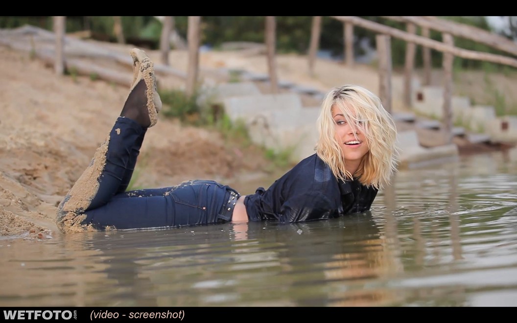 wet girl get wet swim fully clothed wet hair jeans shirt tights lake