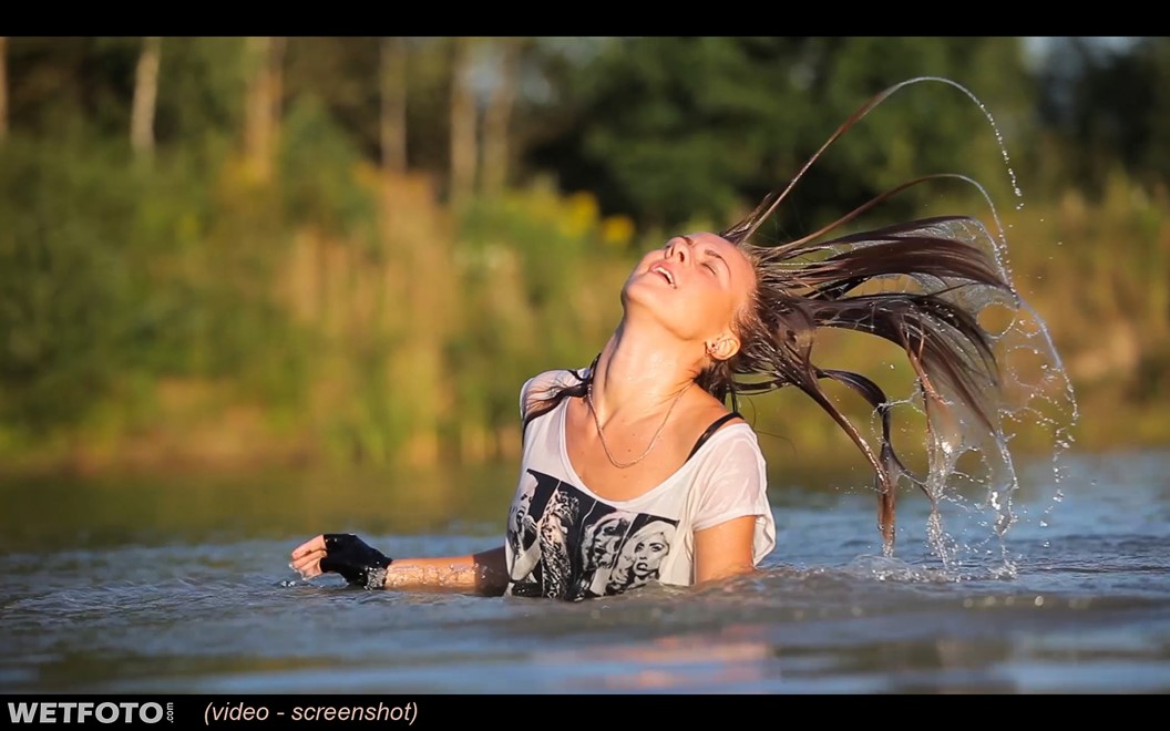 wet girl get wet swim fully clothed wet hair leather jacket leggings high heels